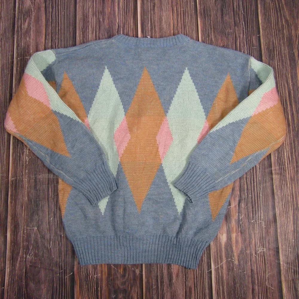 Vintage Geometric Sweater Mens Large‎ Blue Brown Wool Acrylic Crewneck Italy 80s